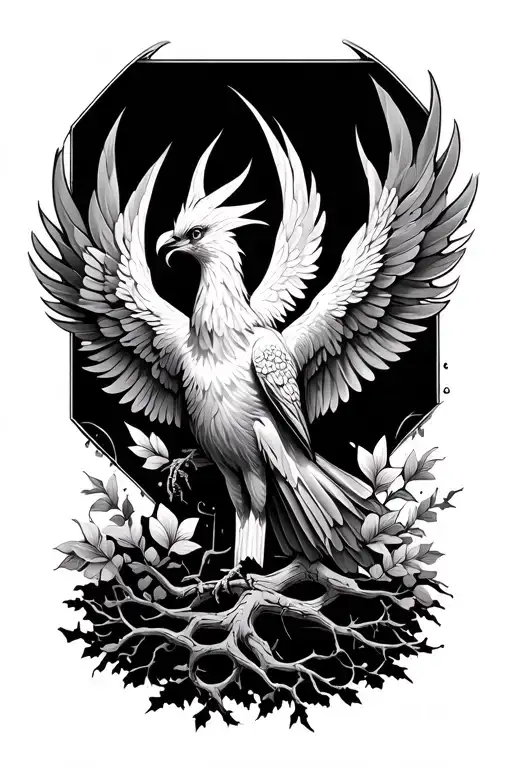 phoenix with a life tree branch full back tatto tattoo design idea