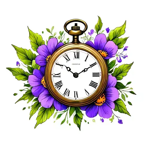 pocket watch with purple flowers tattoo design idea