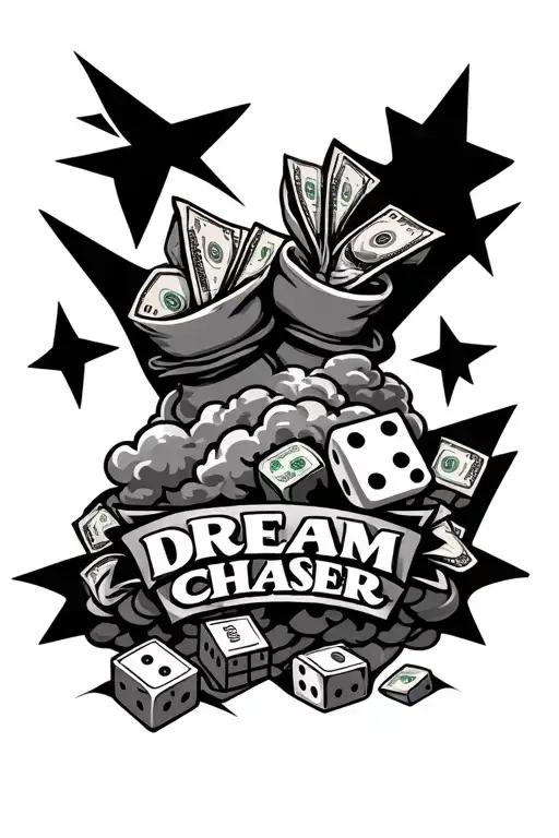 Custom tattoos that say dream chaser with money, money bags, dice, building , angles on the clouds and star in the backg tattoo design idea