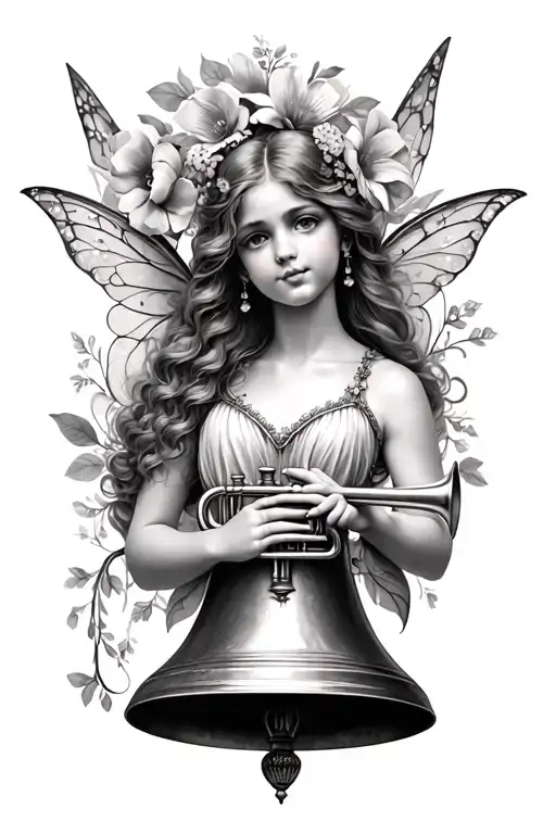 bell fairy with trumpet and flower and initial m tattoo design idea