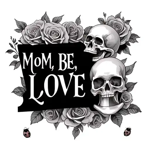 "Mom, BE LOVE banner" memorial piece featuring skulls roses hour glass roses and lady bugs  tattoo design idea