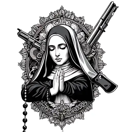 gun nun and prayer beads tattoo design idea