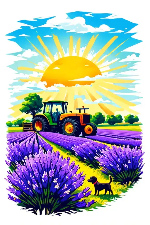 lavender field with a farm on a mound and a old tractor and dog outside with a cloudy sky and sun beams shining through  tattoo design idea