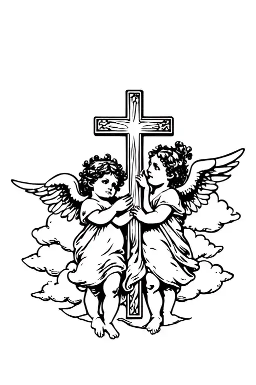 two little angels holding a cross and are surrounden by clouds tattoo design idea