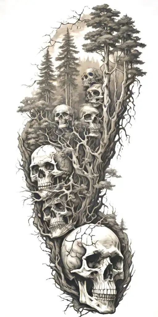 A mysterious forest scene with towering trees and hidden skulls scattered throughout tattoo design idea