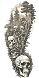 A mysterious forest scene with towering trees and hidden skulls scattered throughout tattoo design idea