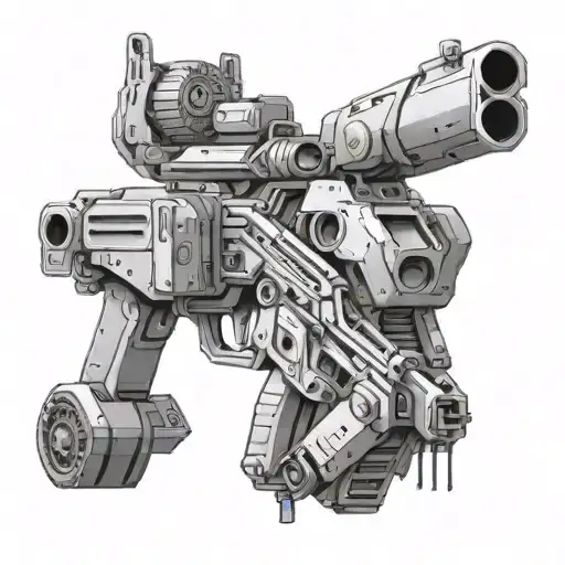 A dynamic composition of military vehicles and weapons fused with gaming elements like power-ups and health packs tattoo design idea