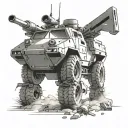 A dynamic composition of military vehicles and weapons fused with gaming elements like power-ups and health packs tattoo design idea