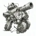 A dynamic composition of military vehicles and weapons fused with gaming elements like power-ups and health packs tattoo design idea