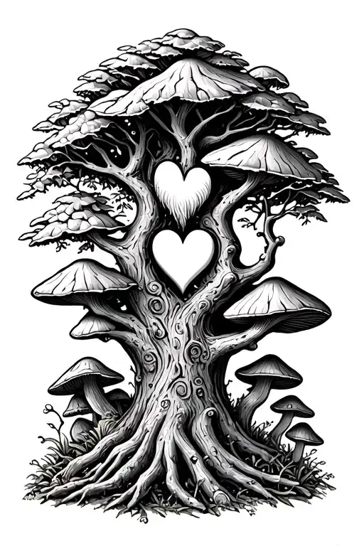 gnome and morel mushrooms at bottom of tree with L heart S carved in tree. tattoo design idea