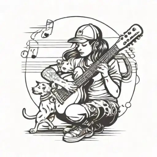 A softball player with a dog by their side, both surrounded by musical notes tattoo design idea