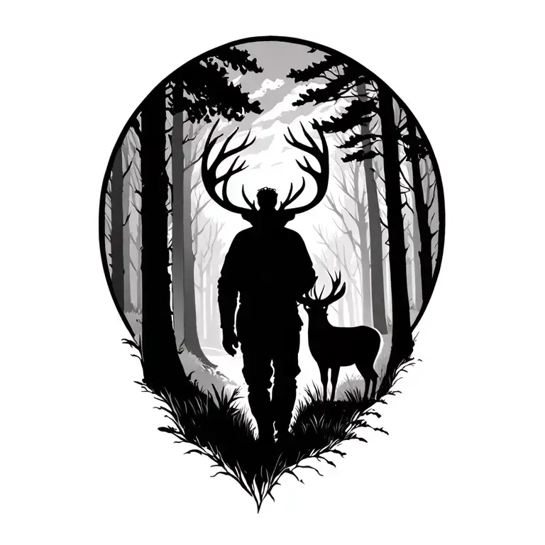 old man silhouette walking off into woods with buck in bacground on rear shoulder  tattoo design idea