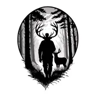 old man silhouette walking off into woods with buck in bacground on rear shoulder  tattoo design idea
