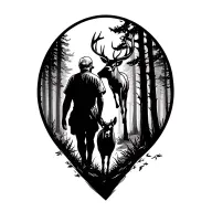old man silhouette walking off into woods with buck in bacground on rear shoulder  tattoo design idea