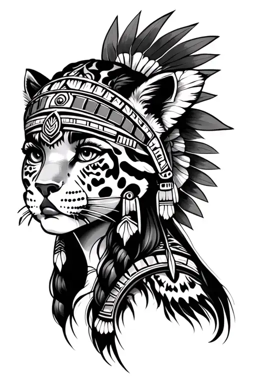 Aztec girl face with jaguar headress tattoo design idea