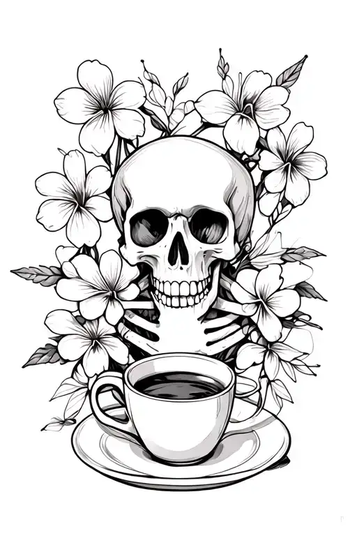 skeleton drinking coffee with poisonous flowers intertwined tattoo design idea