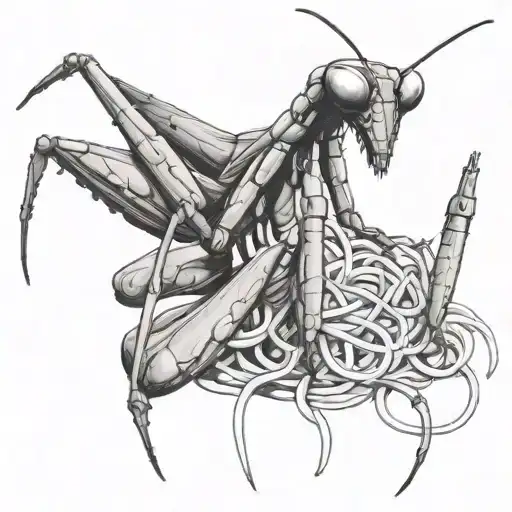 Indiana praying mantis eating spaghetti tattoo design idea