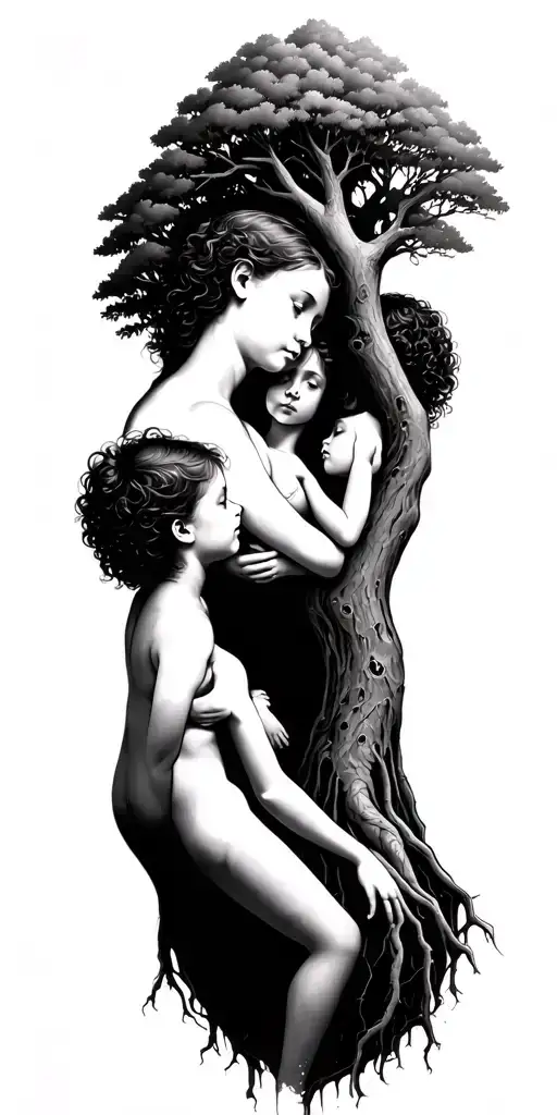 mother as a tree and three children as roots reaching deep tattoo design idea