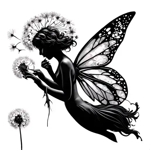 fairy holding a dandelions blowing tattoo design idea