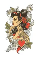Amy Winehouse pin up tattoo with two hearts tattoo design idea