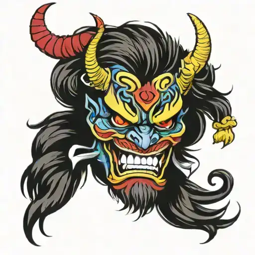 colorful Japanese style Oni demon mask with snakes wrapped loosely tattoo design idea
