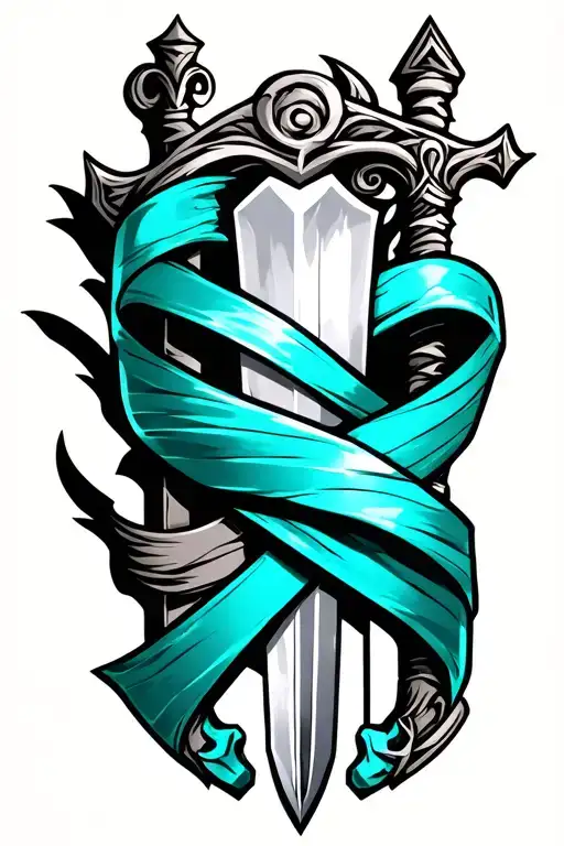 a teal cancer ribbon wrapped around a fantasy sword  tattoo design idea