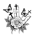 Roses, butterflies,crosses on the hand tattoo design idea
