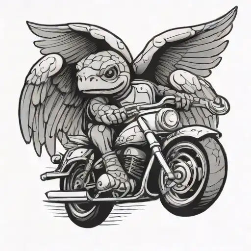 cartoon turtle riding a motorcycle with angel wings   tattoo design idea
