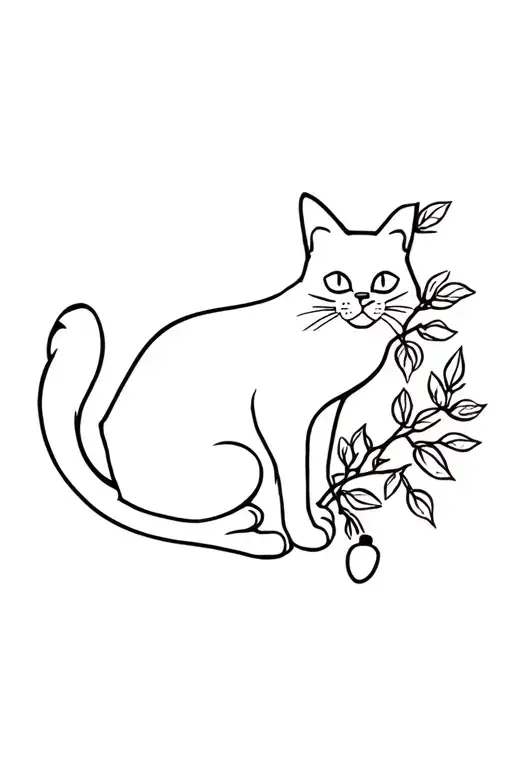 tortoiseshell cat with acorn tree branch tattoo design idea