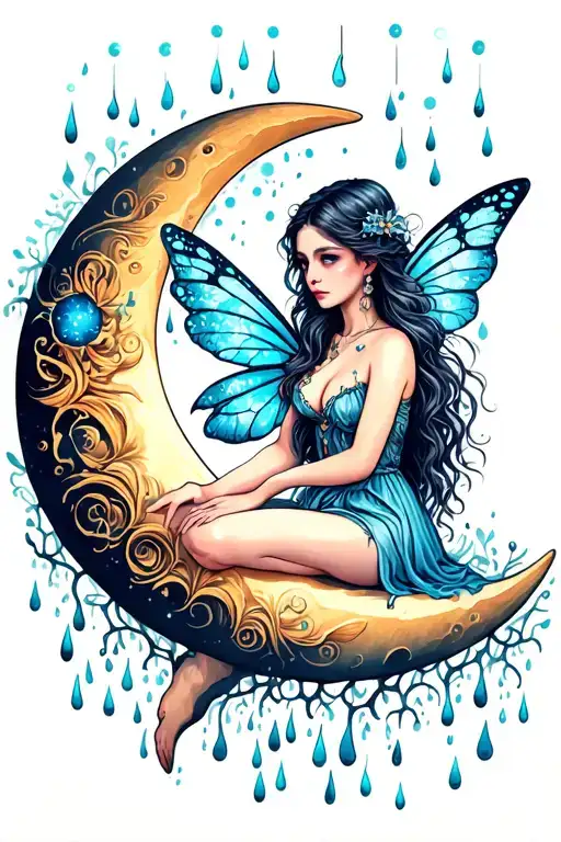 Fairy sitting on moon surrounded my rain tattoo design idea