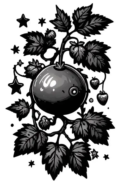 Vines with leaves, stars and strawberries surrounding a junimo from the game stardew valley, long Design to fit forearm tattoo design idea