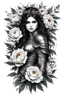woman warrior, peonies, rose, marigold, daffodilm honeysuckle, strength, resiliance tattoo design idea