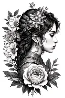 woman warrior, peonies, rose, marigold, daffodilm honeysuckle, strength, resiliance tattoo design idea