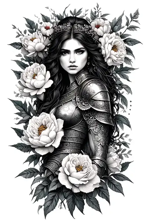 woman warrior, peonies, rose, marigold, daffodilm honeysuckle, strength, resiliance tattoo design idea