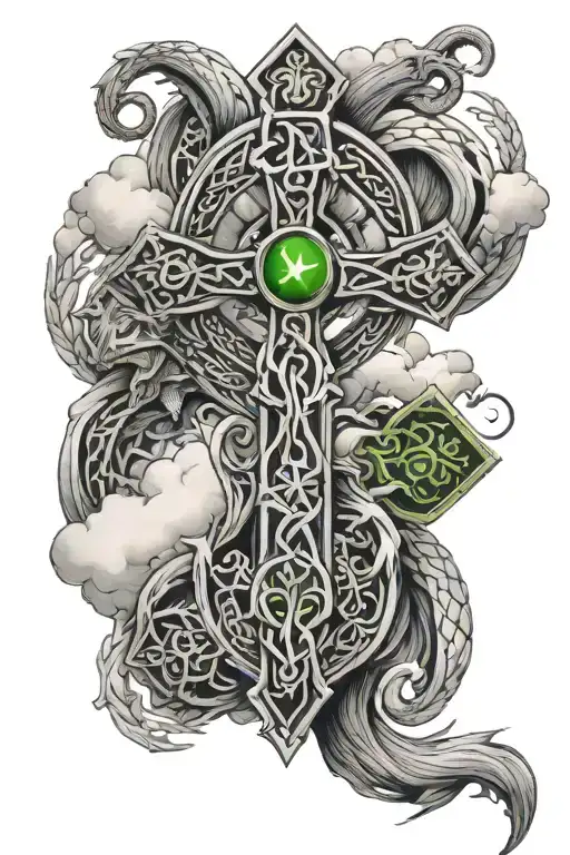 Irish Celtic Cross with clouds and two dragons with green eyes tattoo design idea