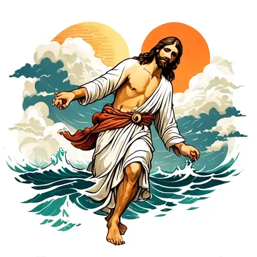 jesus walking on water japanese style design tattoo design idea