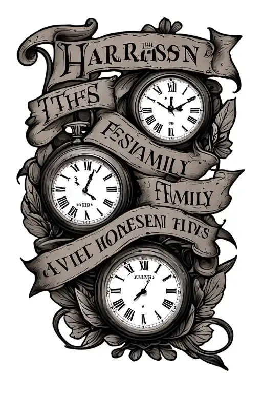 "The Harrison Family" 5 date and time of birth clocks and map leg sleeve tattoo design idea