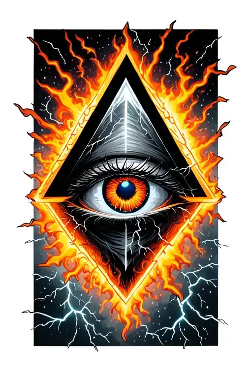 penrose triangle with an eye inside with a thunder storm around it tattoo design idea