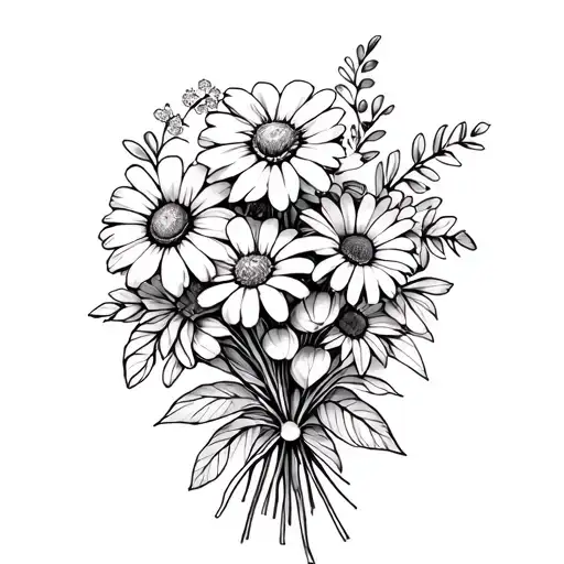 A sketch style bouquet of flowers with each flower representing a different dog breed tattoo design idea