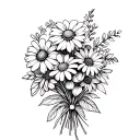 A sketch style bouquet of flowers with each flower representing a different dog breed tattoo design idea