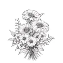 A sketch style bouquet of flowers with each flower representing a different dog breed tattoo design idea