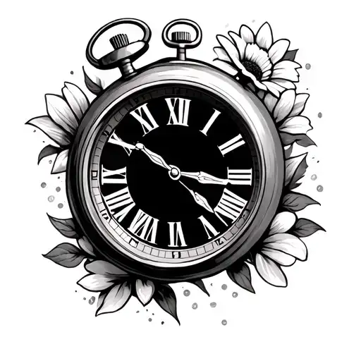 A stopwatch clock with roman numeral numbers, with 2 flowers at the top, the clock showing the time 9:25 with the date 2 tattoo design idea