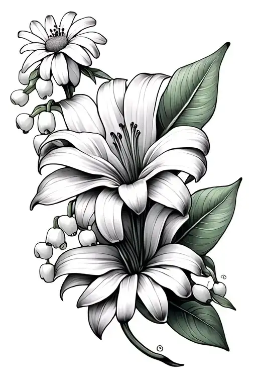 Lily flower , monstera leaf intertwined , lily of the valley without a stem, 2 daisy flowers tattoo design idea