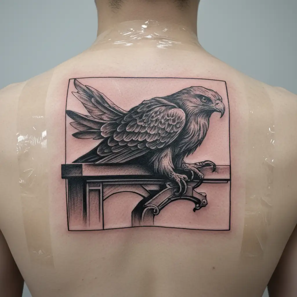 A tattoo of a majestic hawk perched on a steel beam, symbolizing your occupation at the steel mill tattoo design idea