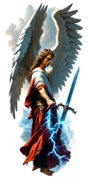  archangel Gabriel back with his wings with sword and thunder tattoo design idea