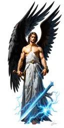  archangel Gabriel back with his wings with sword and thunder tattoo design idea