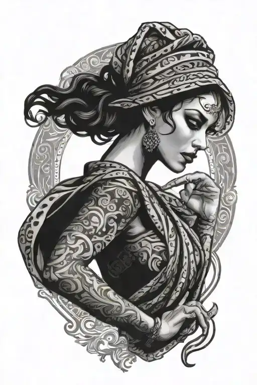 powerful flamenco dancer with striking eyes infront of a keffiyeh design background tattoo design idea