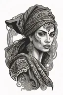 powerful flamenco dancer with striking eyes infront of a keffiyeh design background tattoo design idea