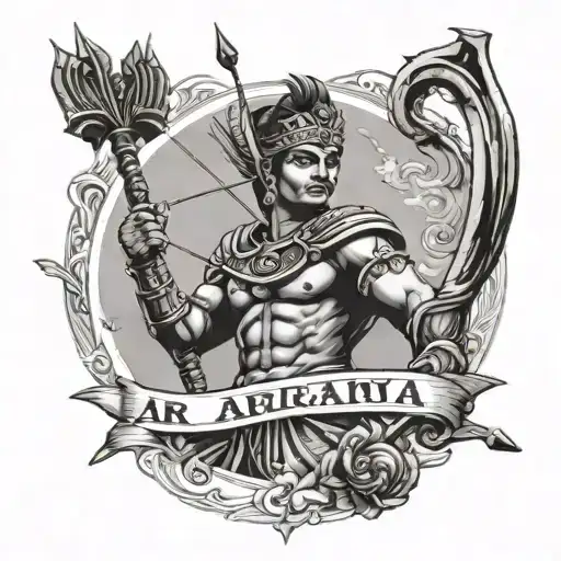 the greatest warrior Arjuna with Bow and arrow and text written as Arjuna tattoo design idea