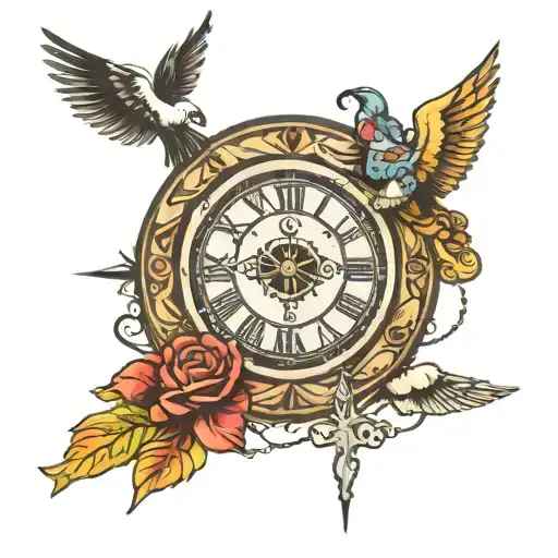 Holy spirit or a pigeon and some Christian symbols like a cross and a Watch or Clock of some kind and Carls symboling ga tattoo design idea